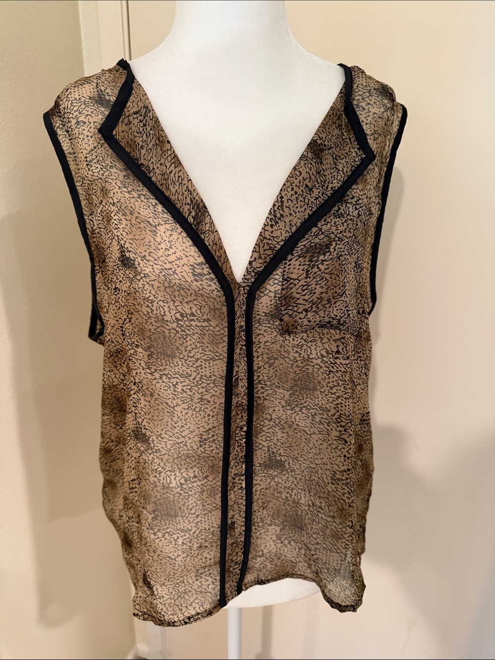 Walter Baker Beige Sheer Printed V-Neck Sleeveless Top with Black Trim